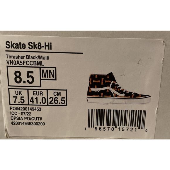Thrasher x Vans Skate SB Sk8-Hi Rare Thrasher Flames Logo Mens Size 8.5 NEW - Picture 13 of 15